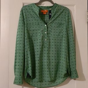 Long sleeve green and navy blue patterned blouse